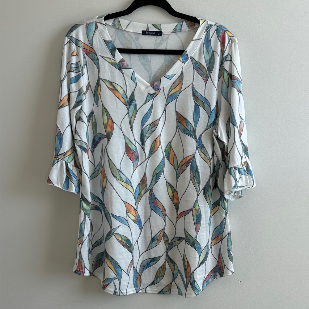 Sampeel V-Neck Leaf Patterned Women's Blouse | ruffled sleeve, size XL